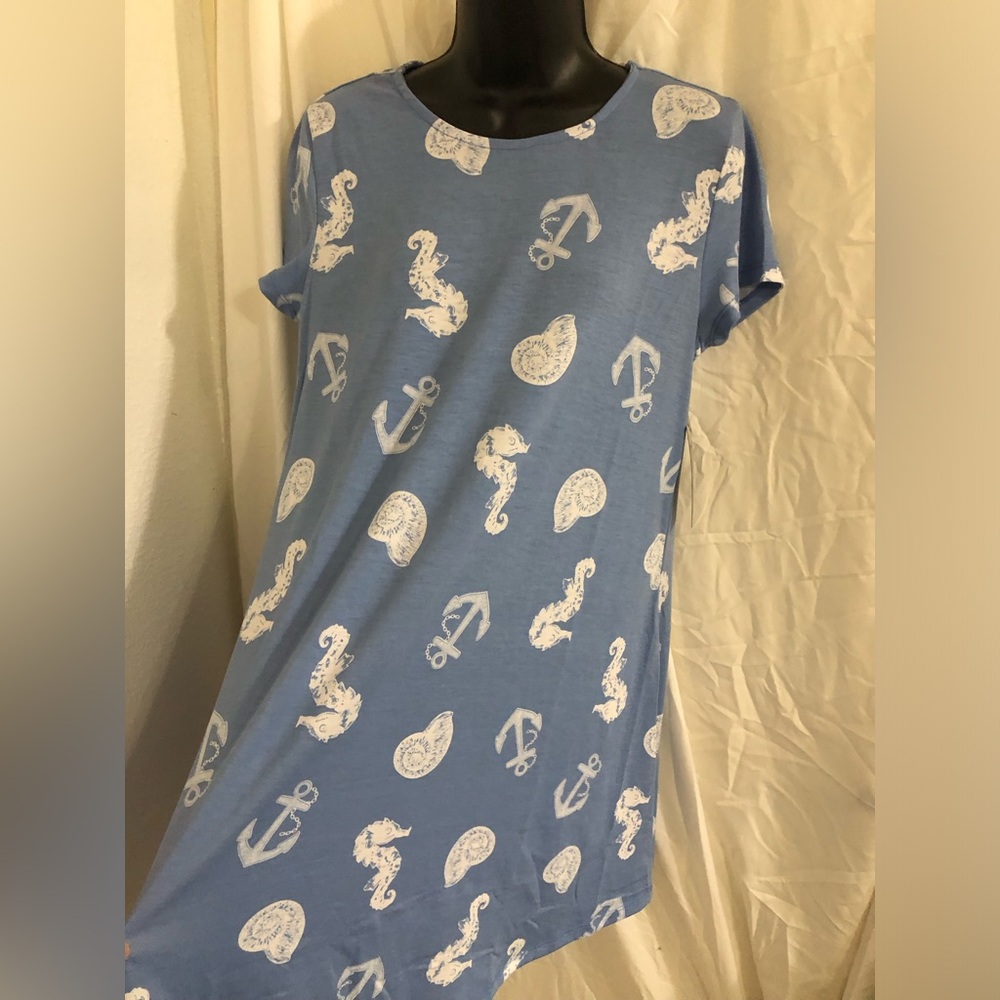 Blue and white sea shell anchor seahorse print soft knit dress size‎ medium new
